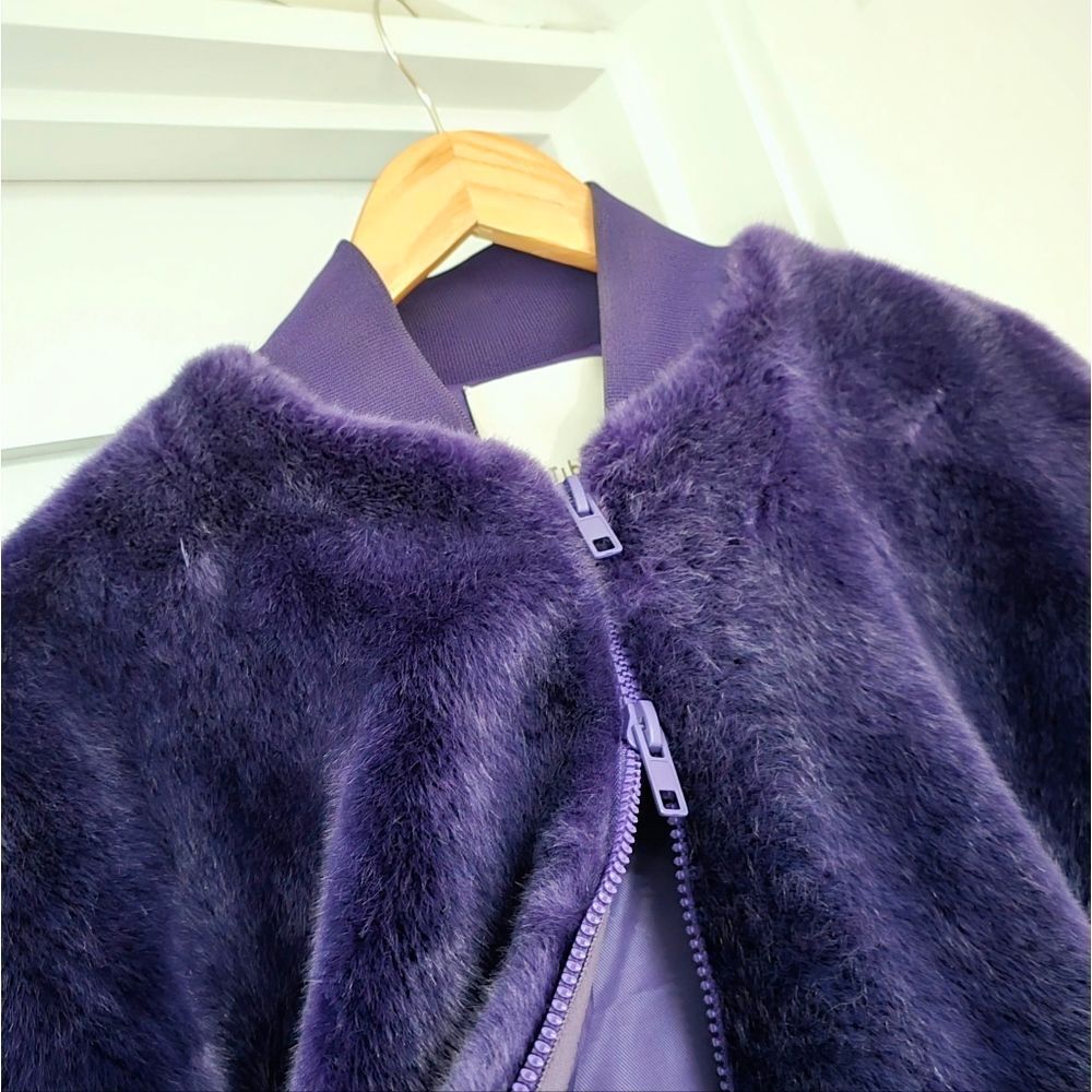 Tibi Luxe Faux Fur Mid Length Sporty Bomber Jacket in Purple - Picture 7 of 13